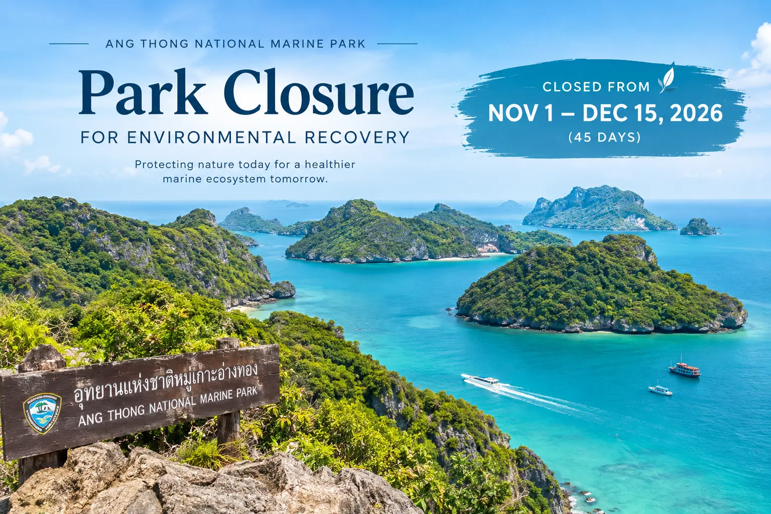 Ang Thong Marine Park to Close for 45 Days: November 1 – December 15, 2026
